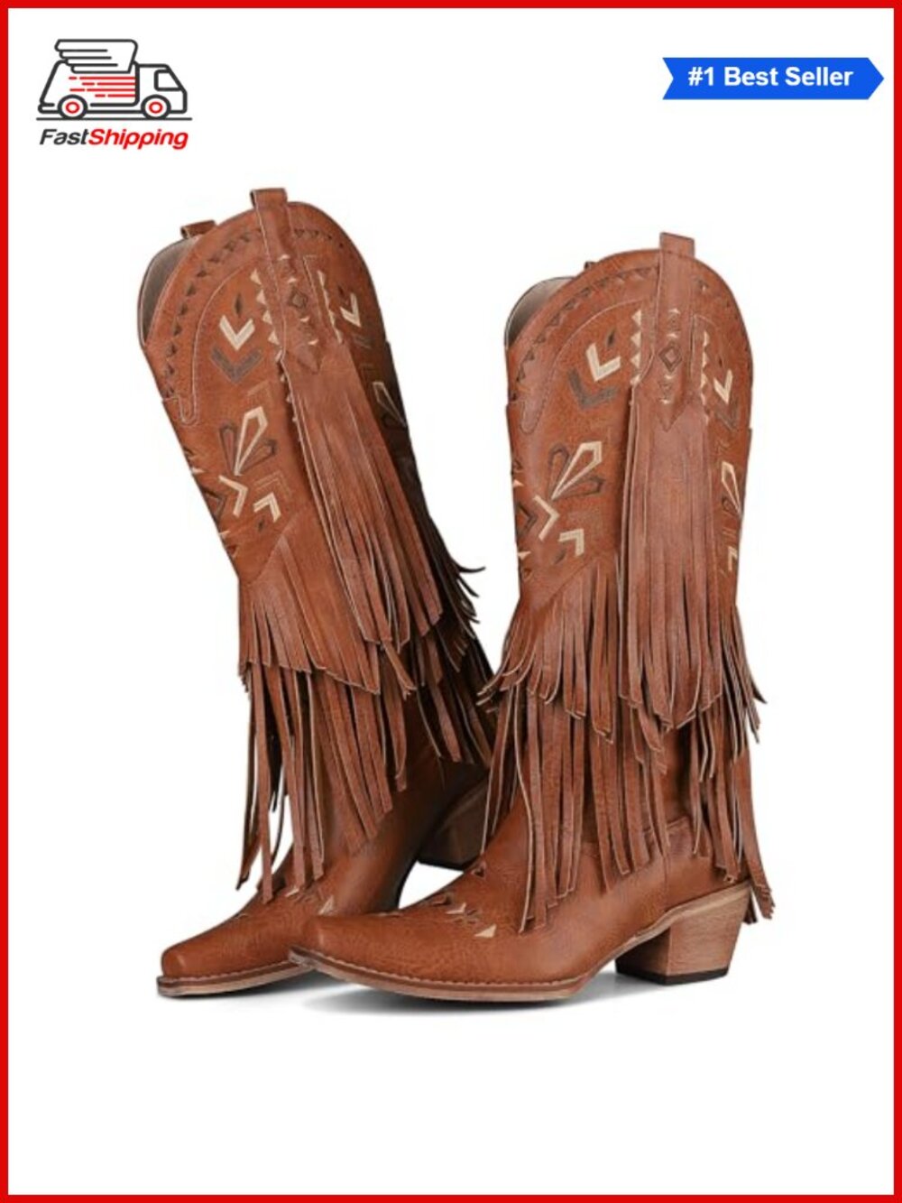 โจ Women's Knee High Fringe Cowgirl Boots Chunky Heel Pointed Toe Western